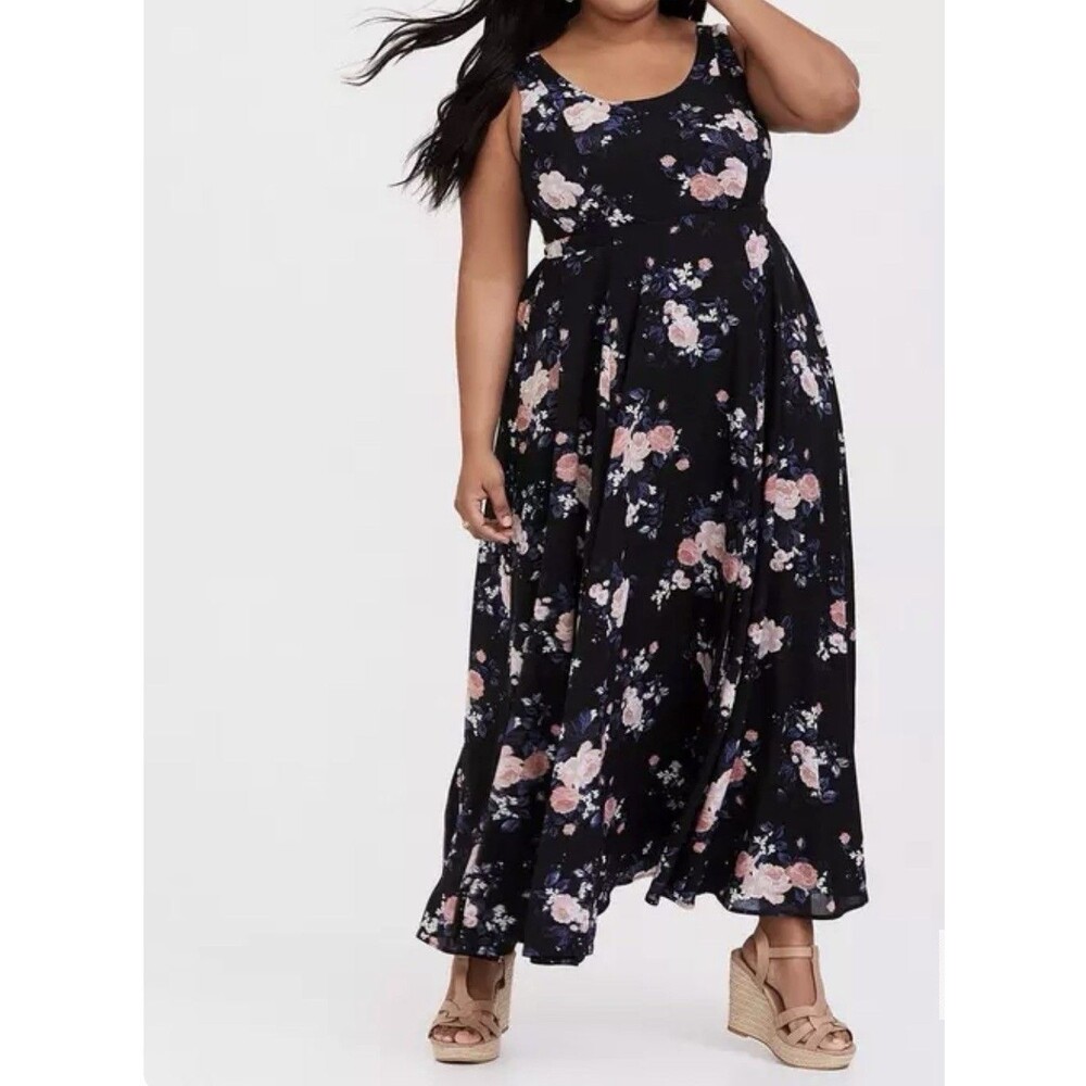 Torrid Black Floral Georgette Maxi Dress Tank Lined Flare 11688091 Women Plus 2X